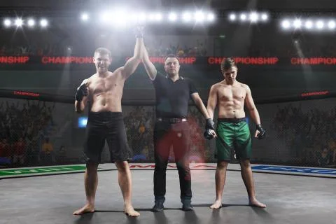 Referee is declairing the winner after the mma fight Stock Photos