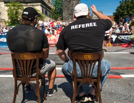 Referee discuss performance athlete Stock Photos