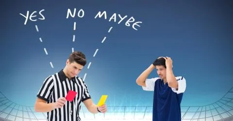 Referee giving player red or yellow card for foul and Yes No Maybe text with Stock Photos
