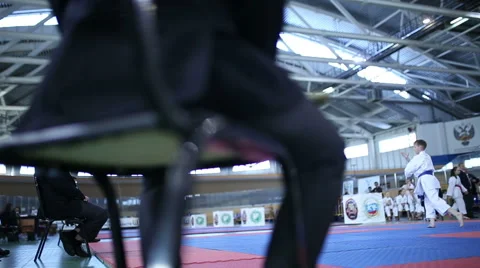 Referee oversees the performance karate fighter Stock Footage 64046800