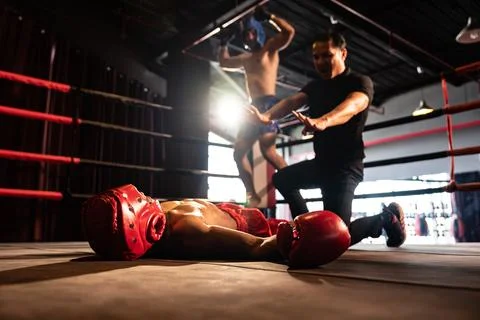 Referee pause action for boxer fighter's safety with winner in backdrop. Impetus Stock Photos