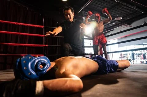 Referee pause action for boxer fighter's safety with winner in backdrop. Impetus Stock Photos