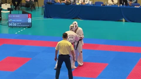 Referee stands between two Kyokushin competitors. Kyokushin match Stock Footage 338088608