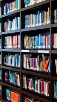 Reference books on the library shelving Stock Photos