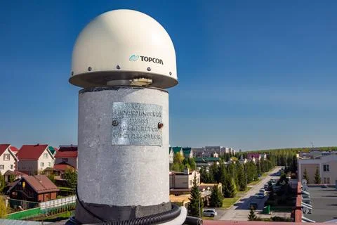 Reference Station of Satellite Geodetic Network with Topcon Antenna Stock Photos