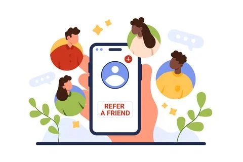 Referral loyalty program invite friend, hand holding phone with Refer friend Illustrazione stock
