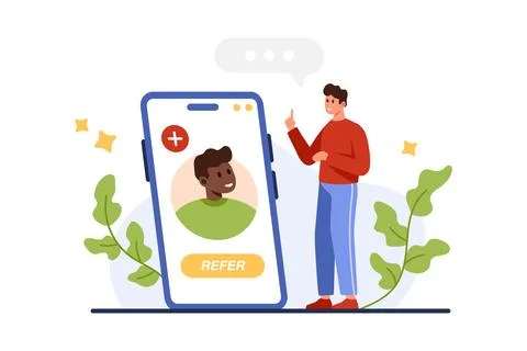 Referral loyalty program to invite friend, tiny man with online mobile app in イラスト素材