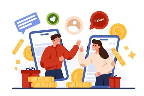 Referral loyalty program, partnership and deal of tiny people from mobile phone Illustrazione stock
