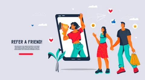 Referral marketing program web banner template flat vector illustration. Stock Illustration