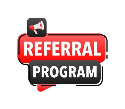 Referral Program Announcement Megaphone Label. Loudspeaker speech bubble. Stock-Illustration