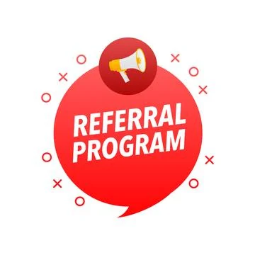 Referral Program Announcement Megaphone Label. Loudspeaker speech bubble. Stock-Illustration