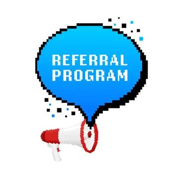 Referral program. Badge with megaphone icon. Pixel style illustration on blue Stockillustratie