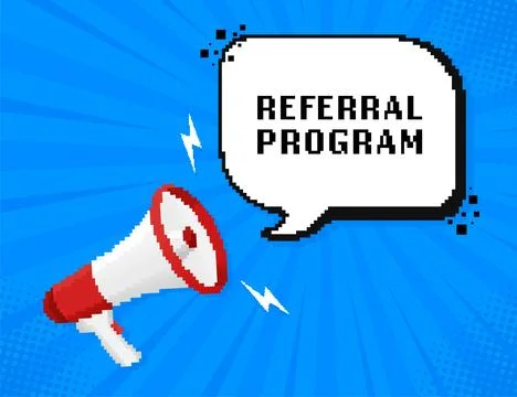 Referral program. Badge with megaphone icon. Pixel style illustration on blue Stock Illustration