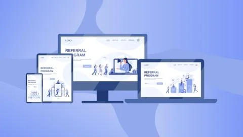 Referral program banner on differernt device, computer, laptop, tablet 스톡 일러스트