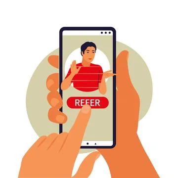 Referral program concept. Hand holding phone. Vector illustration. Flat Stock Illustration