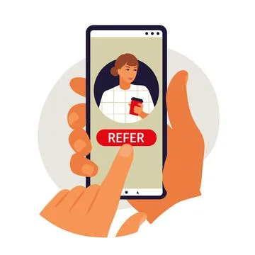 Referral program concept. Hand holding phone. Vector illustration. Flat Illustrazione stock