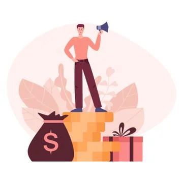 Referral program concept. Man advertising a program. Illustrazione stock