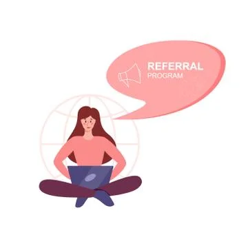 Referral program concept. Woman sitting with laptop and joining 스톡 일러스트