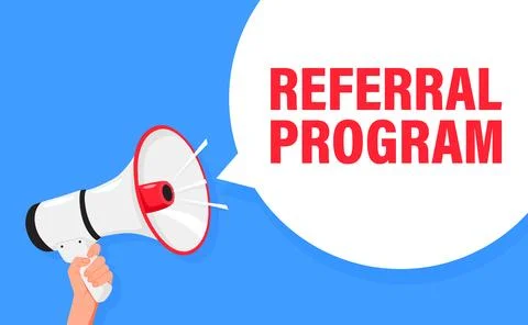 Referral program. Hand hold megaphone speaker for announce. Attention please Stockillustratie