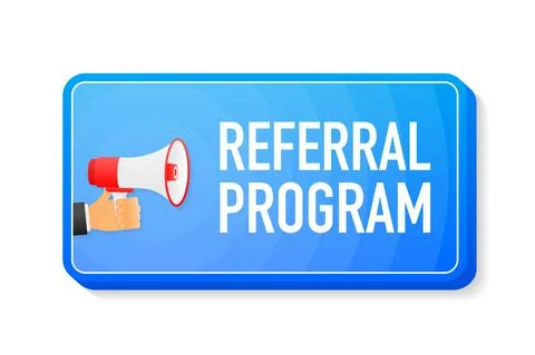 Referral Program megaphone blue banner in 3D style on white background. Hand  Stockillustratie