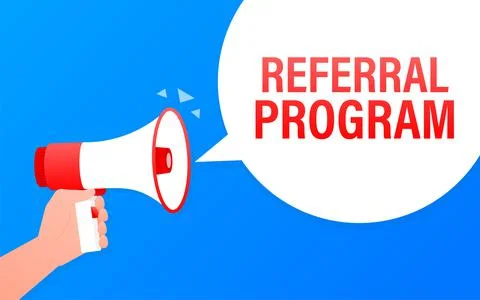 Referral program megaphone blue banner in flat style. Vector illustration. Иллюстрация