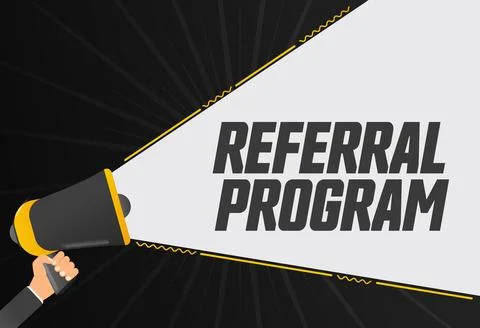 Referral program. Megaphone in hand promotion banner. Promotional advertising Ilustración de archivo