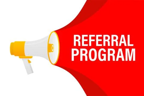 Referral program megaphone red banner in 3D style on white background. Vector Stock Illustration