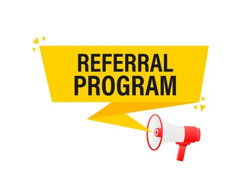 Referral program megaphone yellow banner in 3D style on white background. Vec Illustrazione stock