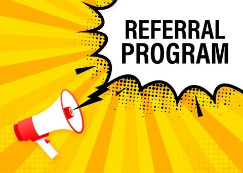 Referral program megaphone yellow banner in flat style. Vector illustration. Illustration