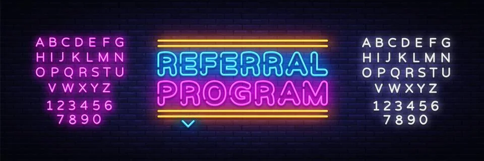 Referral Program Neon Text Vector. Neon sign, design template, modern trend Illustrazione stock
