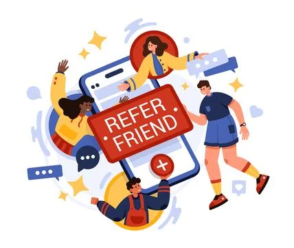 Referral program refer friend, tiny people holding Add button on mobile phone Stock Illustration