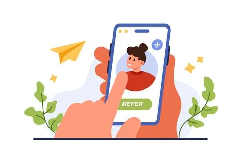 Referral program service, hand holding phone to touch Refer button, invite woman 스톡 일러스트