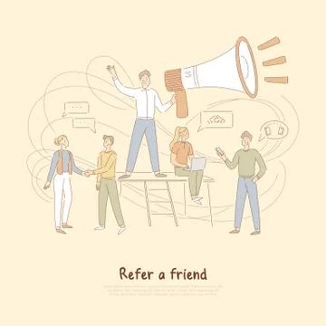 Referrals program, businessman holding huge megaphone, marketing network, ref Illustrazione stock