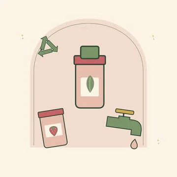 Refill routine with jars and reusable bottles. Decorative flat vector composi Stock Illustration