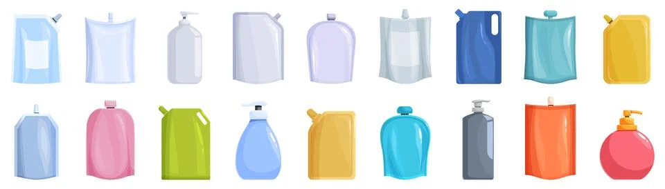 Refill soap icons set. Set of colorful doypack and bottles with pump for li.. Stock Illustration