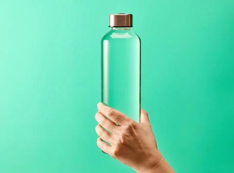 Refillable drinking water bottle on mint green background Stock Photos