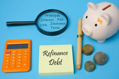 Refinance debt concept picture. Notepad, coins, piggy bank, calculator and lo Stock Photos