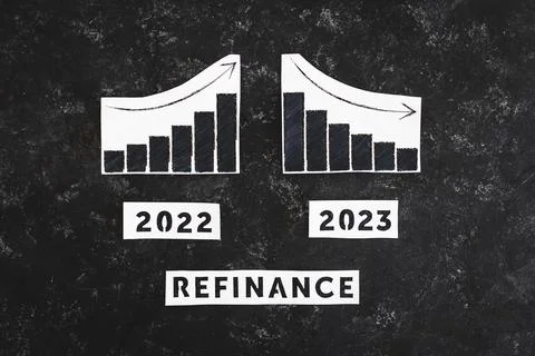 Refinance text with 2022 chart showing stats increasing and 2023 graph show.. Stock Photos