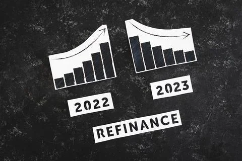Refinance text with 2022 chart showing stats increasing and 2023 graph show.. Foto stock