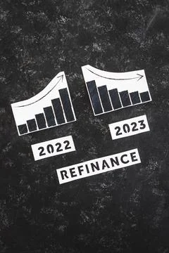 Refinance text with 2022 chart showing stats increasing and 2023 graph show.. Foto stock