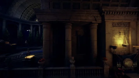 Refined ancient marble chamber illuminated by moonlight and lanterns Stock Footage 340339453