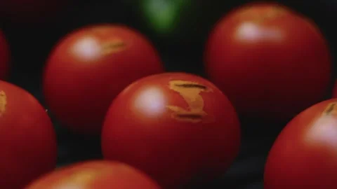 Refined culinary view of roasted tomato skins beginning to blister Stock Footage 342152661