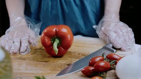 Refined fine dining angle: cutting beef into pieces for stewing Stock Photos
