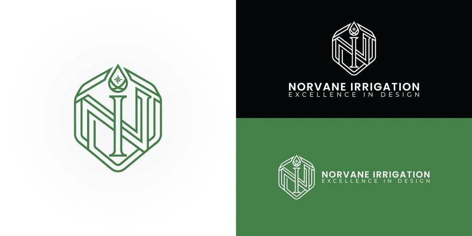 A refined green monogram featuring interlocking N and I within a hexagonal frame Stock Illustration