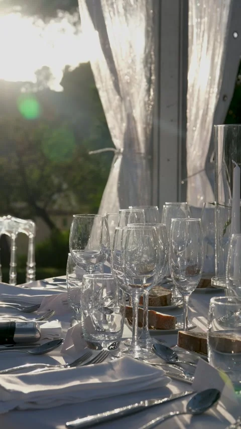 Refined outdoor wedding dining table at sunset with sparkling crystal glasses Vidéo 344007361