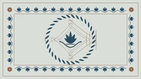A refined pale panel is bordered by blue leaves, copper flowers, and flowin.. Stock-Illustration