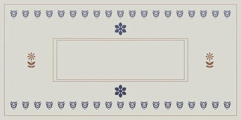 A refined rectangular frame combines tiny navy botanical emblems with rust .. Stock Illustration