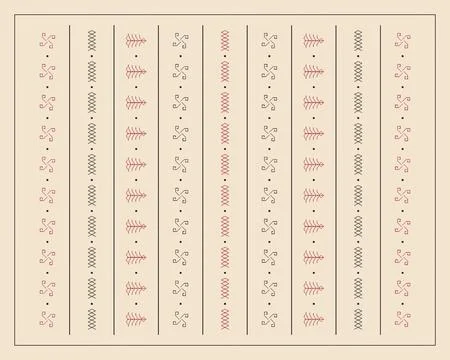 A refined repeat of linear folk symbols in muted red and charcoal fills a w.. Illustrazione stock
