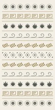 A refined repeating border combines botanical silhouettes, geometric meande.. Stock Illustration