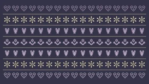 A refined repeating folk pattern combines floral motifs, heart shapes, and .. Stock Illustration